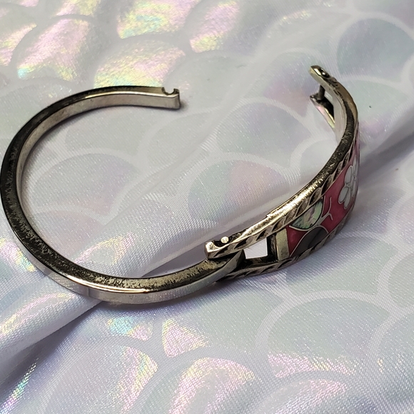 Vintage Baby Girls Alpaca Mexico Silver Pink Abalone and Floral Bracelet - Picture 4 of 10